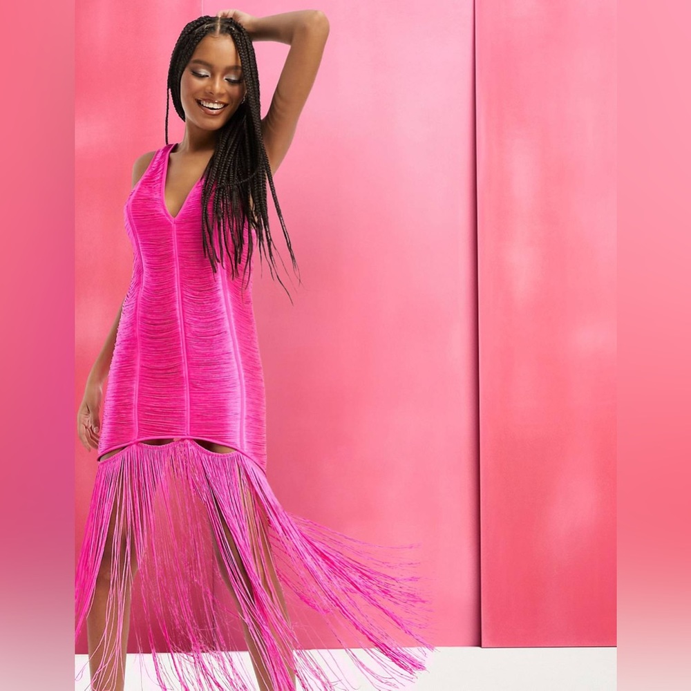 ASOS Hot Pink Fringe Midi Dress